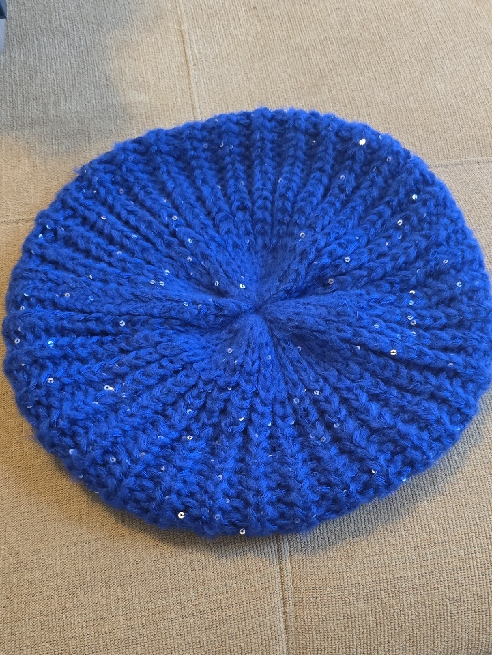 Chunky Blue Knit Beret with Sequins